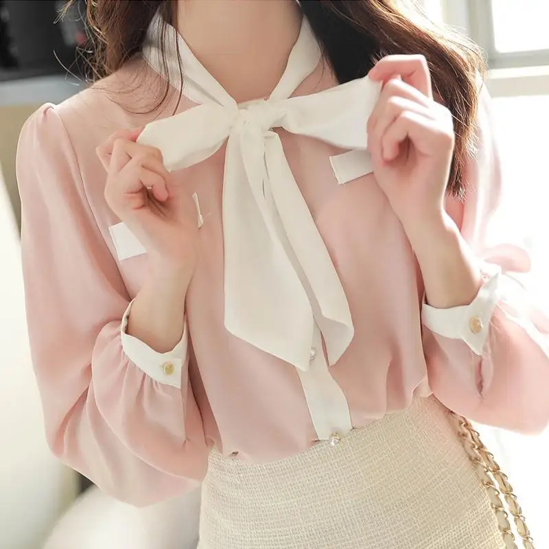 Chiffon Shirt Women\'s Pullover Spring and Autumn New Style Bow Tie Tie Small Shirt Loose Long Sleeved Top