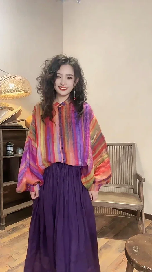 Chemise à manches longues rayée arc-en-ciel pour femmes, décontractée, imprimée, col fantaisie, haut ample et Long, nouvelle collection automne 2025