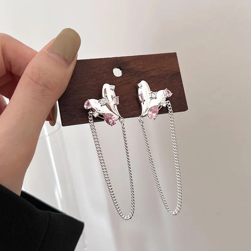 

Silvology 925 Sterling Silver Pink Zircon Heart Chain Tassel Stud Earrings for Women Long Large Unusual Earrings Luxury Jewelry