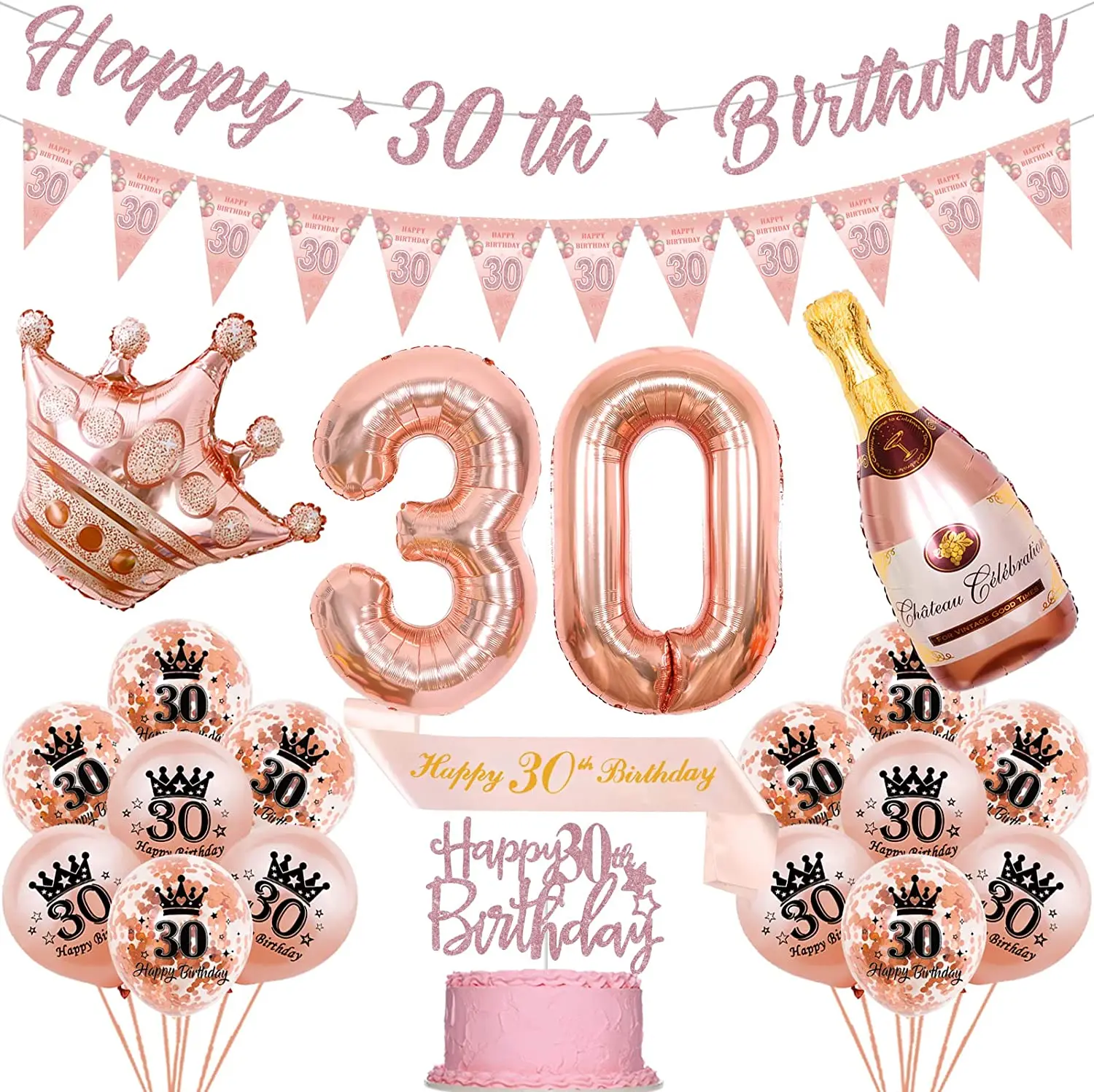 

Cheereveal Women 30th Birthday Party Decorations Rose Gold Happy 30th Birthday Banner Cake Topper Sash Balloons for 30 Years Old