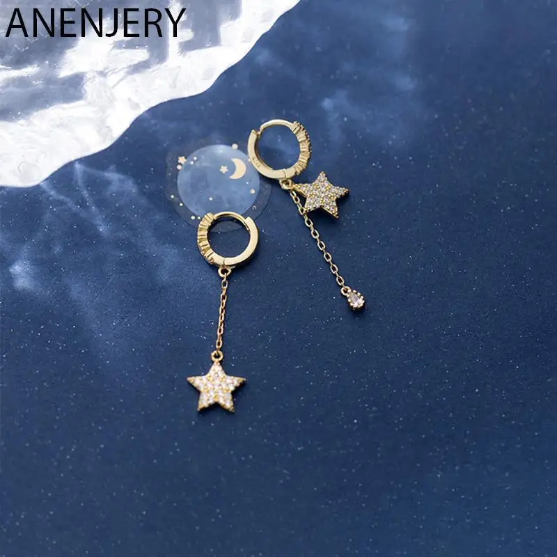 ANENJERY Silber Farbe Stern Wasser Tropfen Asymmetrische Hoop Ohrringe Für Frauen Kubikzircon Ohrringe Schmuck S-E1089