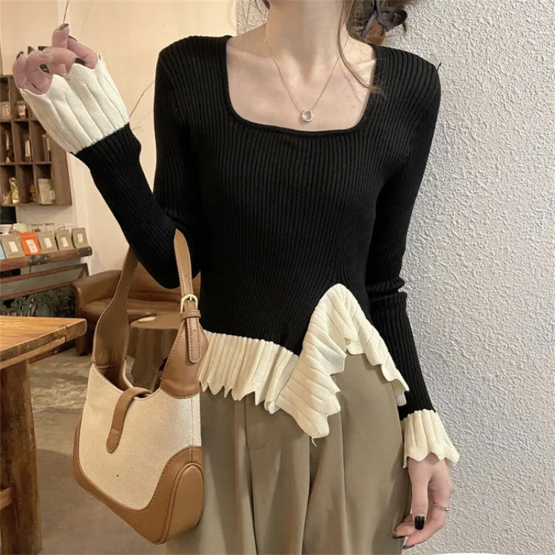 Pullovers Women Irregular Side-slit Patchwork Harajuku Vintage Inside Autumn Winter Casual All-match Sweaters Cozy Fashion Soft