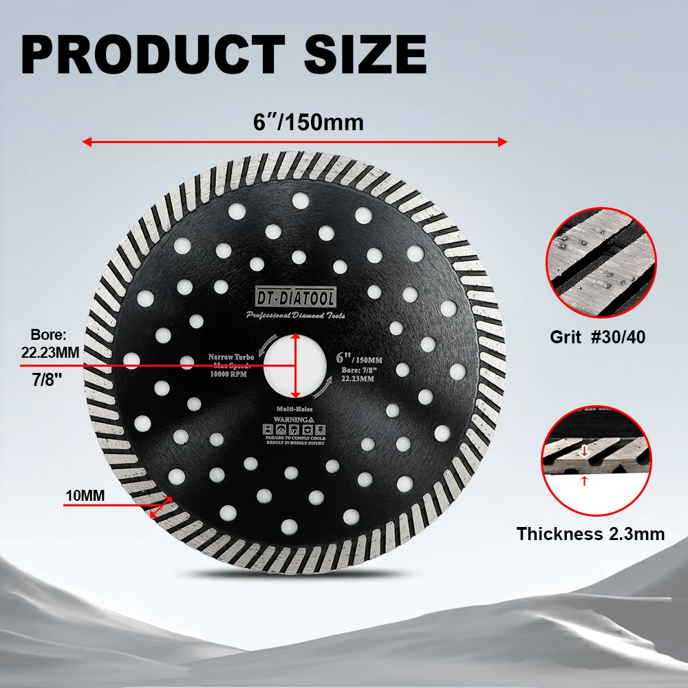 شفرة منشار ماسية DT-DIATOOL مقاس 150 مم لقرص قطع الماس من الرخام الجرانيت مع رؤوس قاطعة توربو وفتحات متعددة