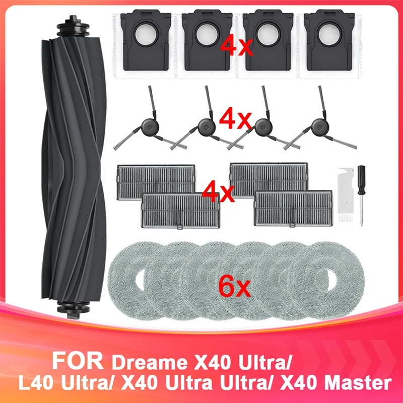 HOT！-Accessories For Dreame X40 Ultra/L40 Ultra/X40 Ultra Complete, Replacement Kit Main Brush Filters Side Brushes Dust Bags