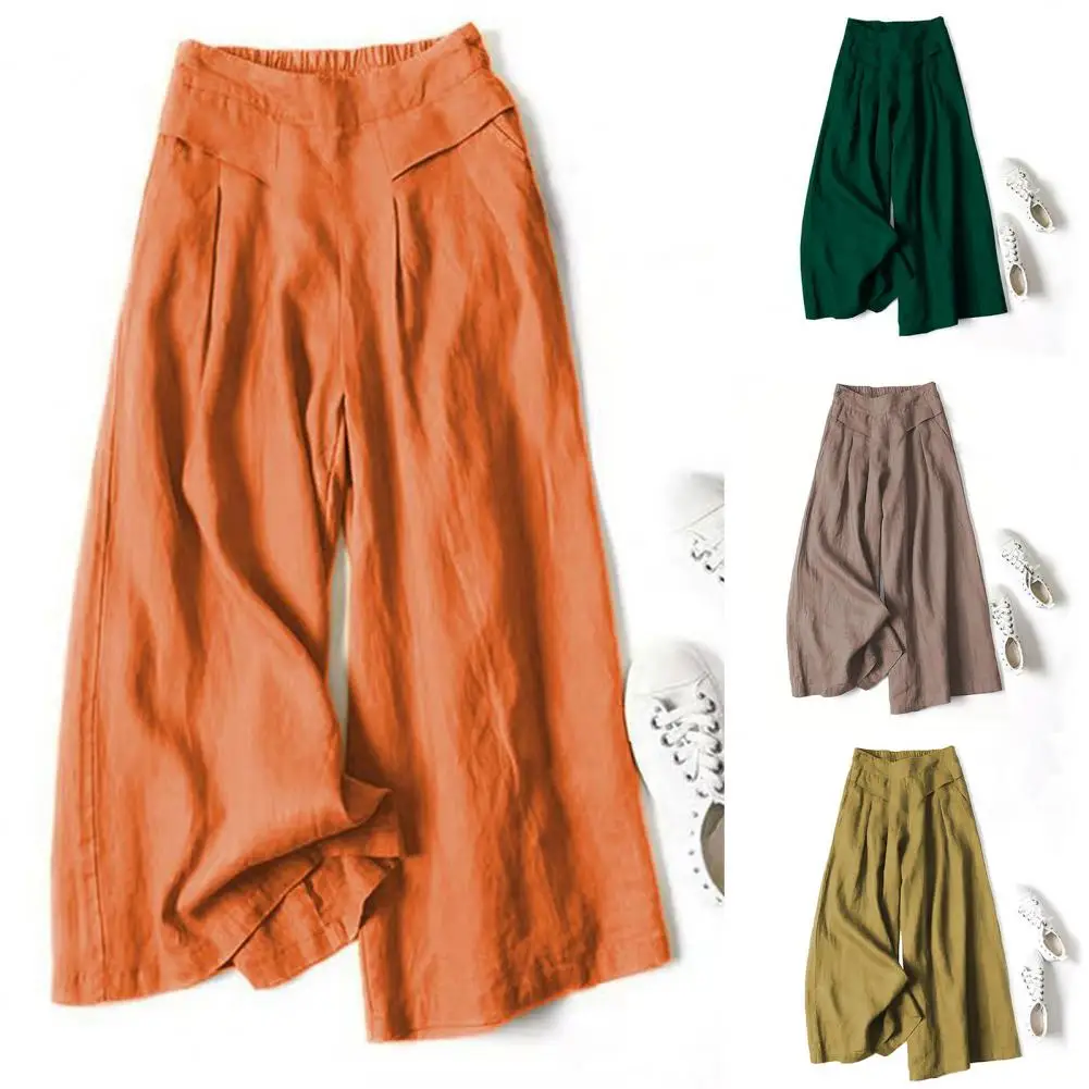 

Summer Casual Pants Elastic Waist Mid-rise Wide Leg Long Trousers Solid Color Pockets Culottes Daily Leisure Yoga Slacks 와이드 팬츠