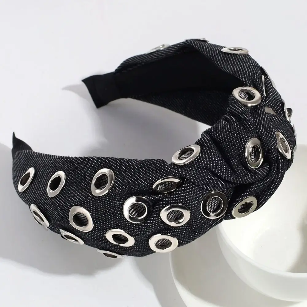 

Bandana Y2K Denim Headband Wide Metal Punk Hairband Steampunk Rock Hollowed Out Eyelets Headband Girls