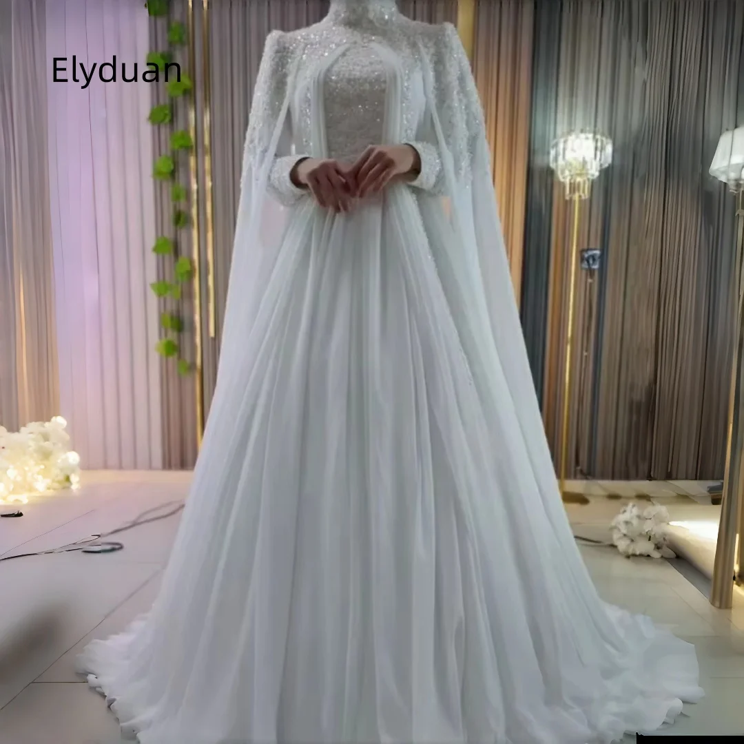 Muslim Wedding Dress with Cape High Neck Long Sleeve Beaded Chiffon A Line Bridal Gown Islamic Dubai Abaya Bride Robe Customized