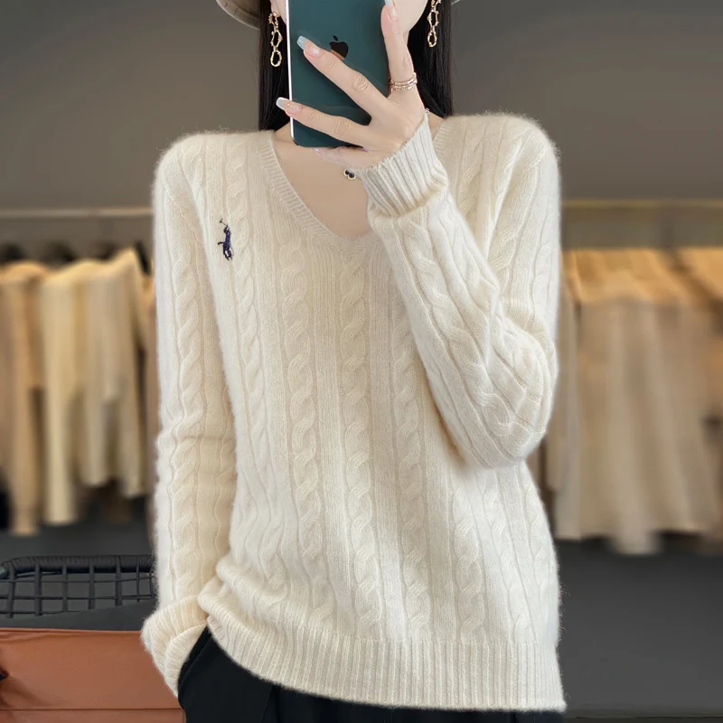 Classic Seamless Women Knitting 100% Australian Wool Pullover Sweater V-Neck Twisted pattern style High-quality Warm Thick Tops