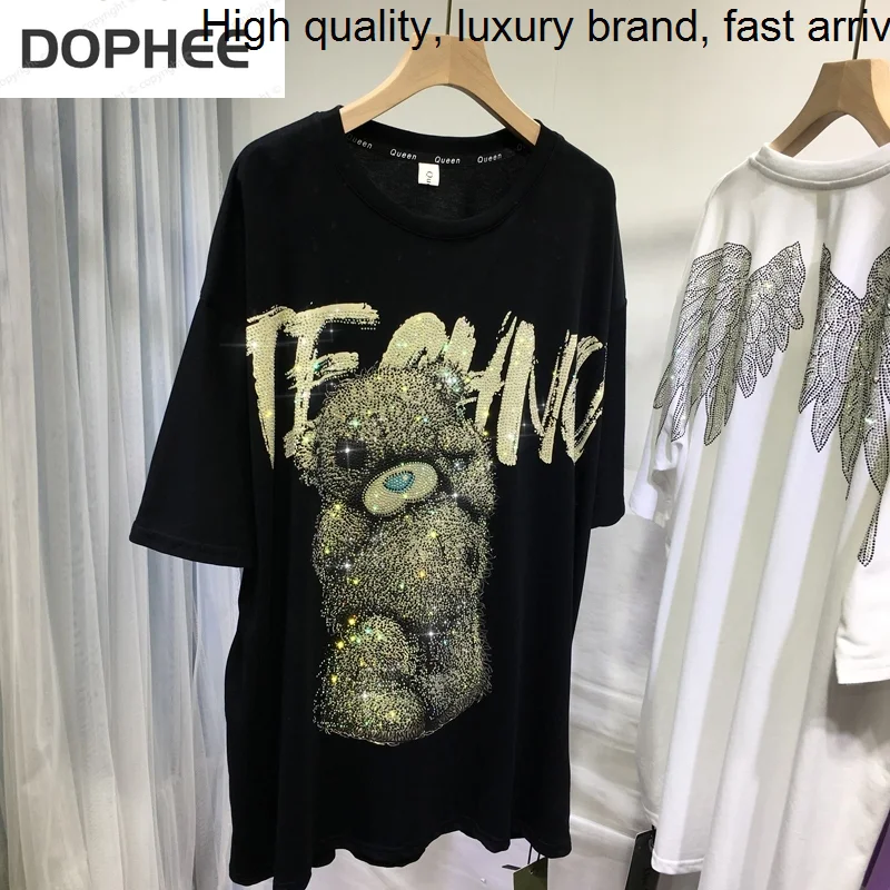 

T-shirt Women Oversized Hot Drilling Winged Bear Mid-long O-neck Short Sleeve Tops 2023 New Summer Trendy Black Cotton Tees