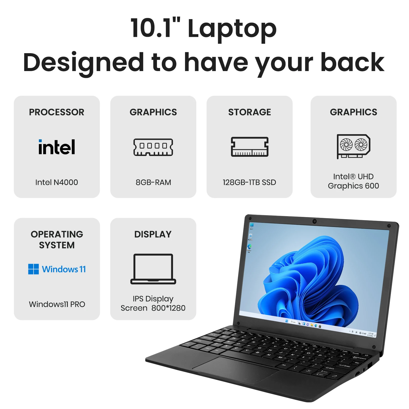 Przenośny mini laptop 10,1 cala z procesorem Intel Celeron N4000, 8 GB RAM, 128 GB SSD, Windows 11, cienki i lekki notebook dla studentów i do biura, rok 2025.
