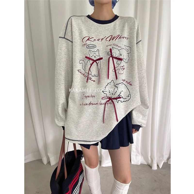 Contrast Lazy Style Loose T Shirts O-neck Bow Print Street Casual Pullovers Tops Fashion Harajuku Women Clothing Spring Autumn