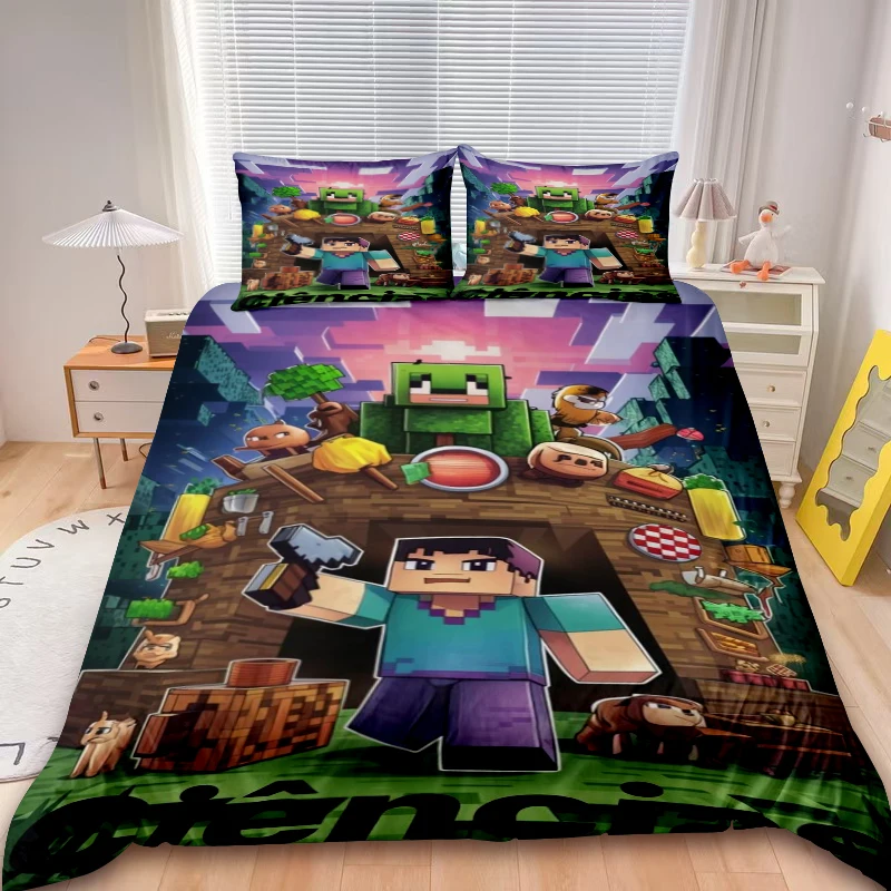 

Kids Minecraft 3pcs Duvet Cover Set Game My World Bedding Set Duvet Cover Boys Kids for Bedroom Decor Gifts