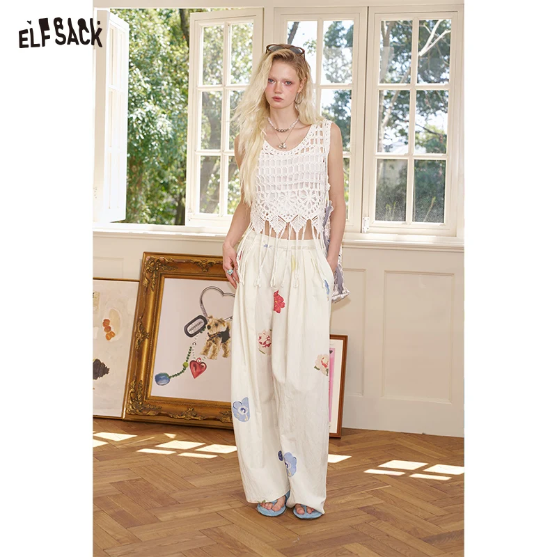 ELFSACK 2025 Summer New Arrivals Hand Drawn Flower Pleated Casual Straight Leg Wide Leg Pants For Women
