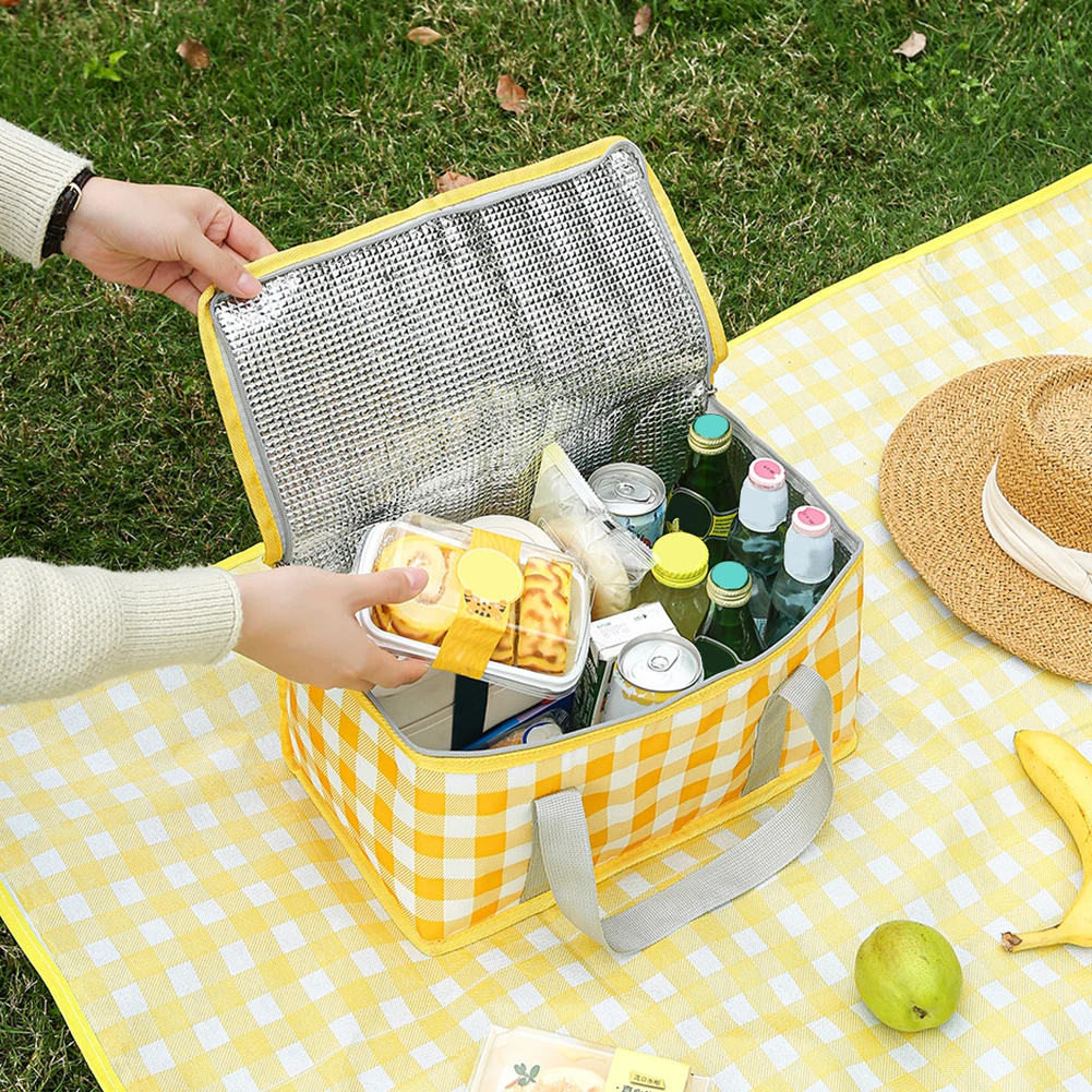 Outdoor Thickened Insulated Lunch Handbags Large Capacity Camping Storage Bags Waterproof Checkered Picnic Cold Protection Totes