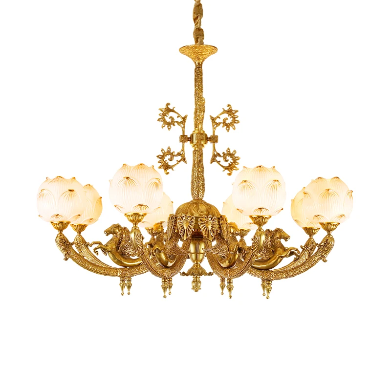 

French Antique Brass Glass Chandelier For Living Room European Fancy Dining Led Copper Carved Pendant Lamp