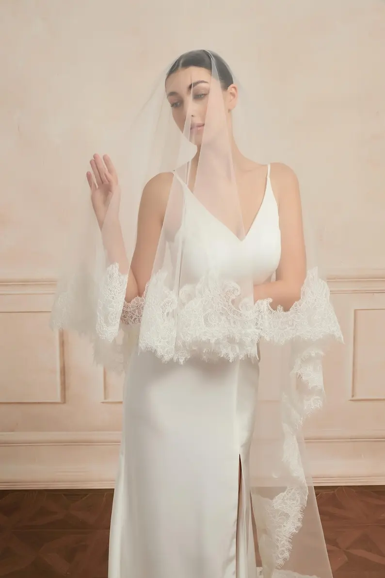 

2 Tier Veils with Blusher Mantilla Wedding Veil Cathedral Chantilly Soft Lace Eyelashes Bridal Veil Handmade Custom Length Style