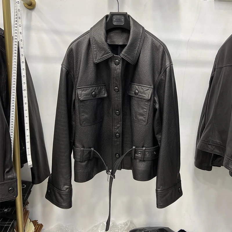 Spring Luxury Female Genuine Sheepskin Bubble Leather Coat Autumn Black Belt Slim Fashion Real Leather Jacket