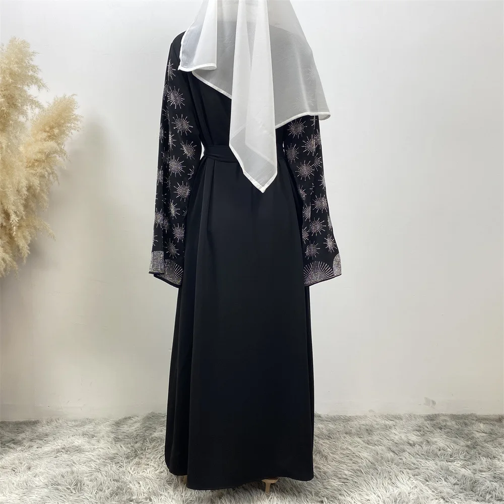 New Ramadan Rhinestone Cardigan Islamic Dresses With Pockets Kebaya Muslim Fireworks Kimono Abaya Dubai Modest Clothing Women