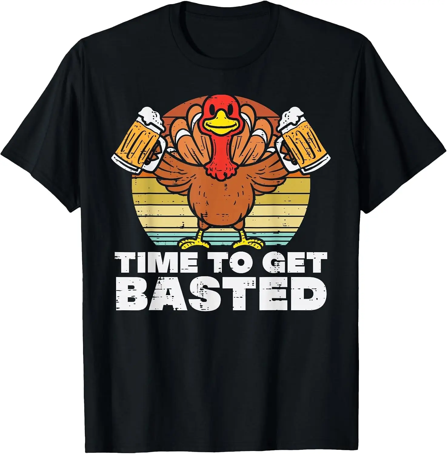 Turkey Time To Get Basted Retro Happy Thanksgiving Men Women T-Shirt Men's Thanksgiving Day Retro Graphic Print T‑Shirt, Casual Short Sleeve Crew Neck Cotton Tee, Autumn Fall Holiday Daily Party Tops for Men.