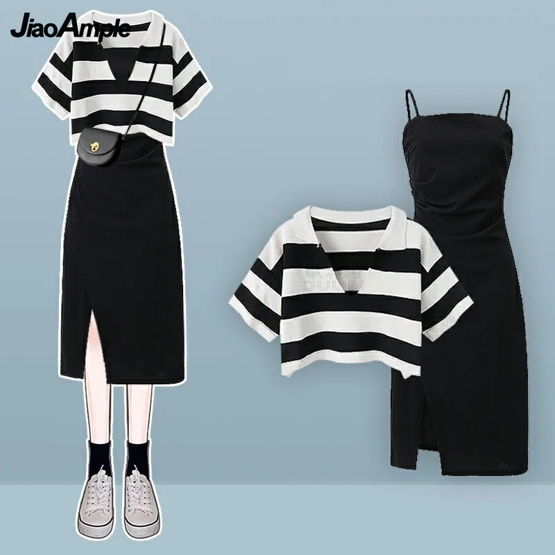 Women\'s Summer Dress Matching Set Korean Vintage Knitted Short Sleeve Stripe Top Strap Skirt Two Piece Female Chic Blouse Suit