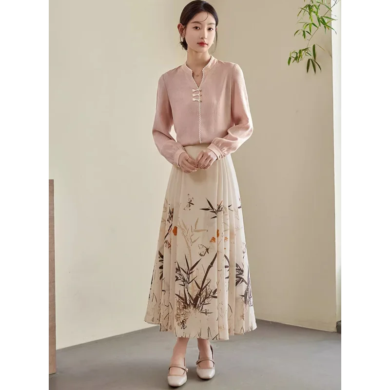 New Chinese Style Printing Improved Temperament National Autumn New Gauze Printing Improved Horse Face Skirt for Women