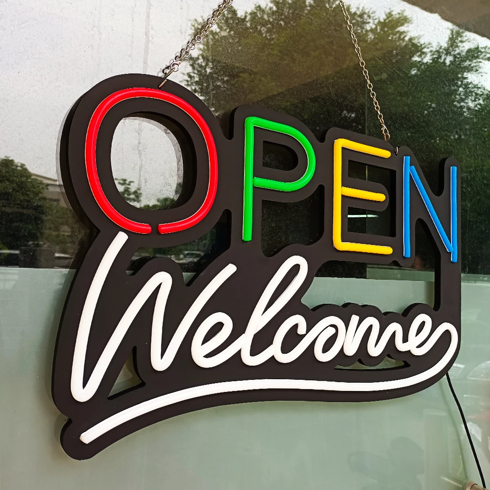 LED Store Bar Cafe Open Welcome Sign 22x14 Inches Matt Black Base with Ultra Bright Silicone Neon for Business Use