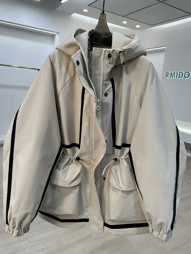 Chaqueta Corta con Capucha y Bloques de Color Es, Cortavientos Casual de Moda para Mujer con Correa, Nuevo Estilo u...