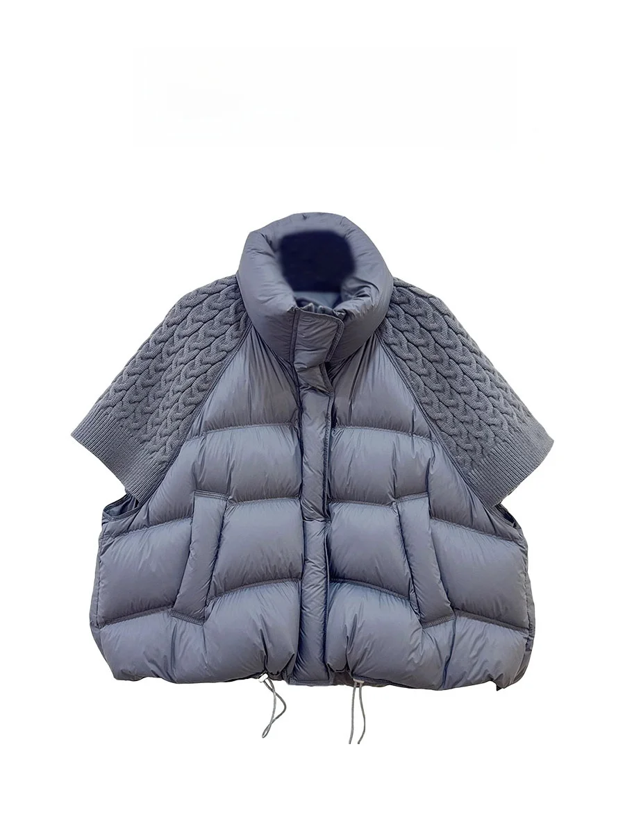 

Gray Knitted Sleeve Patchwork Cotton Jacket High Collar Short Vintage Style Drawstring Waist Winter Warm Layering Outerwear