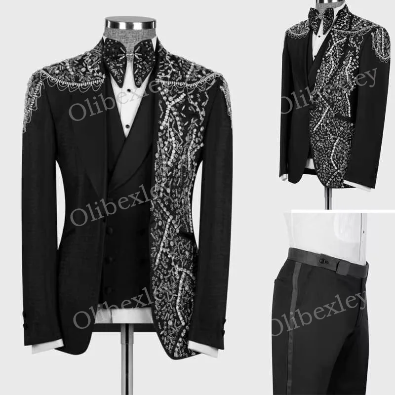 

Luxury Men's Suits 2 Pieces Customized Beaded Crystals One Button Slim Fit Tuxedo For Wedding Formal Business Dinner Prom