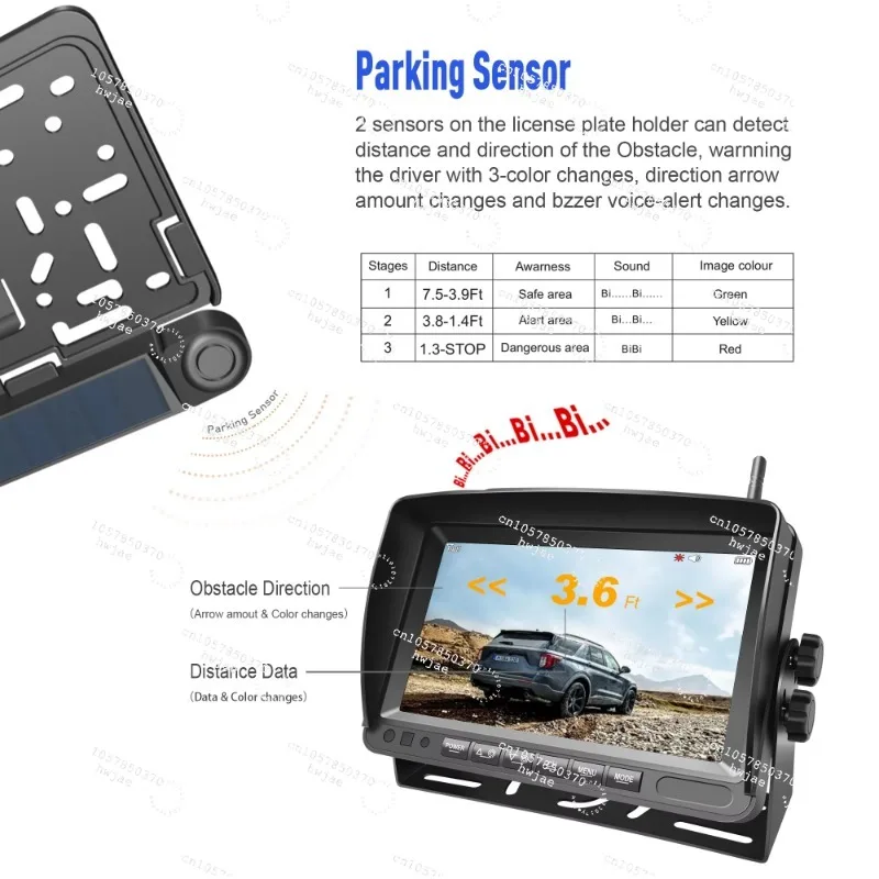 Wireless Solar WiFi HD Car Front Rear View European Plate Frame Parking Cameras PDC Sensor with 7 Inch Monitor Recorder