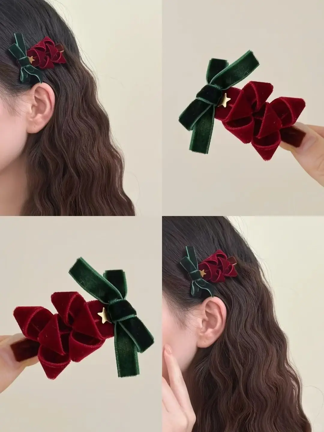 

Christmas Tree Hair Clip Red Green Velvet Hairpin with Sparkling Ornaments Christmas Party Hair Accessories for Women Girls