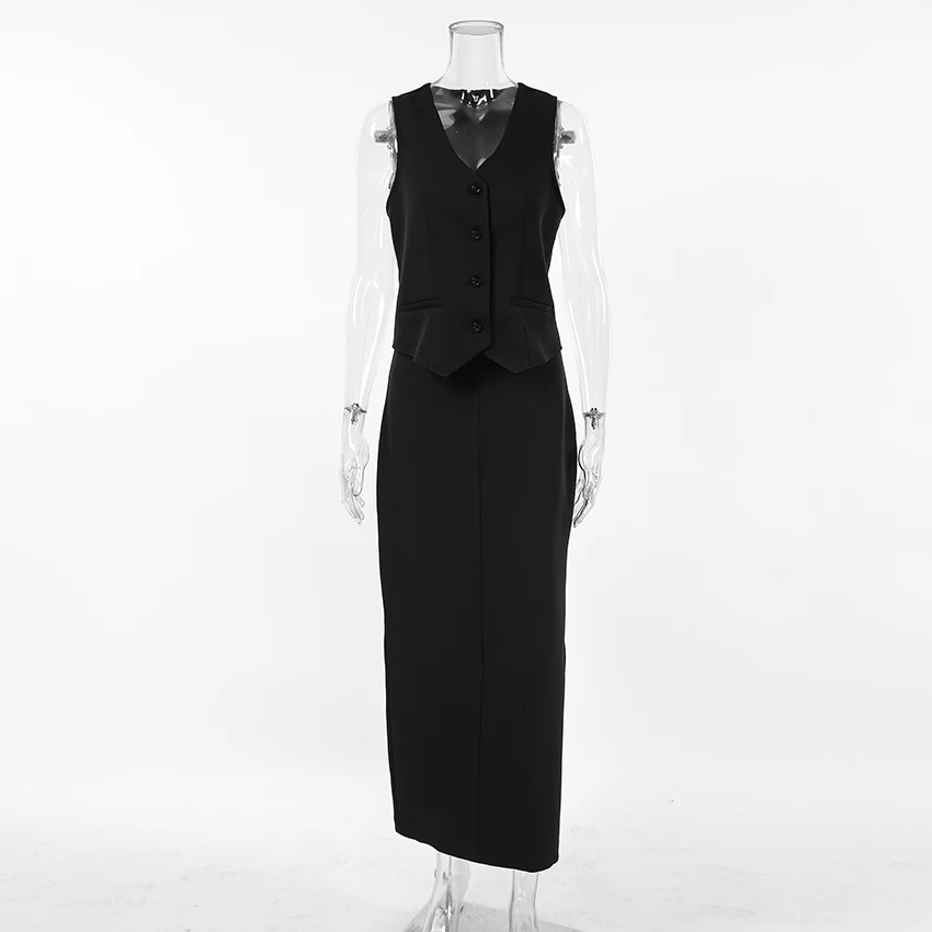 Women Elegant Two Piece Set Black Skirts Suits V-neck Sleeveless Blazers Tops+Long Skirts Maxi Skirts 2 Piece Set Outfits Female