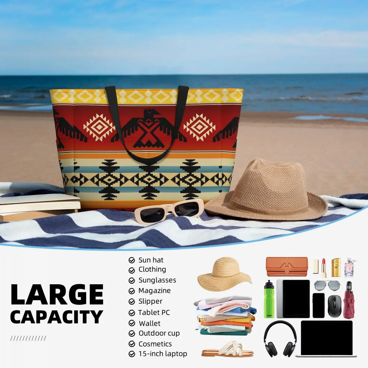 Thunderbird Native American Pattern Beach Tote Bag Sport Gym Yoga Duffle Large Tote Bag Women Travel Bag Fitness bag