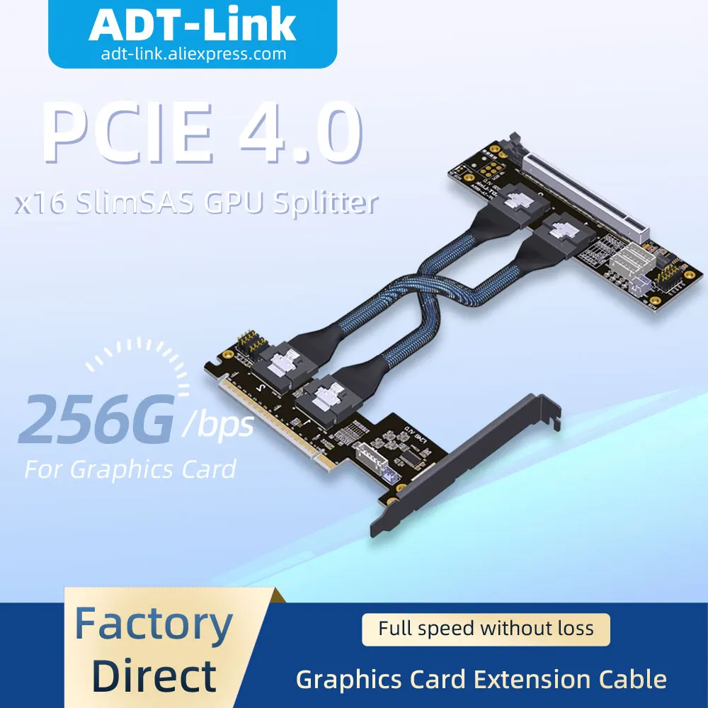 

ADT-Link PCIe 4.0 x16 1-to-2 и 1-to-4 SFF-8654 SlimSAS Удлинительный кабель-сплиттер графического процессора Gen4 Адаптер для видеокарты 256 Гбит/с