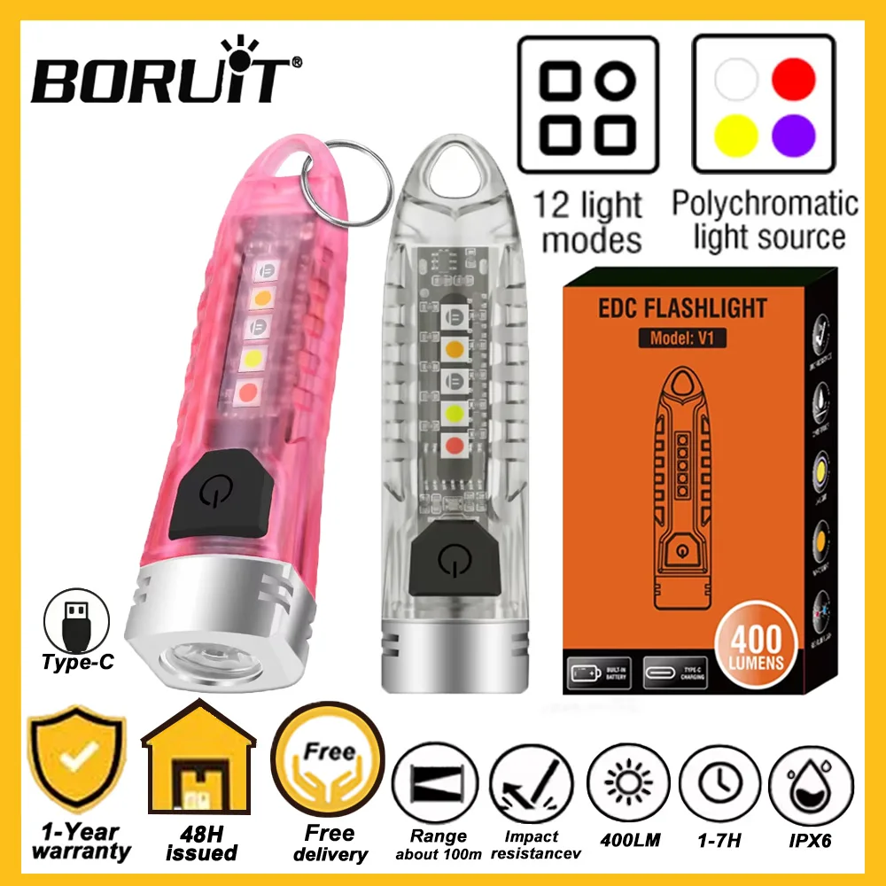 

BORUiT V1 Mini Keychain Flashlight Small EDC Spotlight Type-C Rechargeable Torch UV Light Emergency Tiki Lamp with Magnet