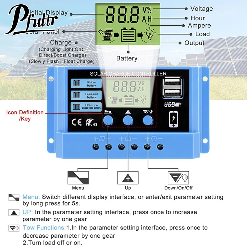 30A 20A 10A Solar Charge Controller 12V 24V Auto Solar Panel PV LCD Controller For Lead-Acid Battery, Lithium Battery Dual USB