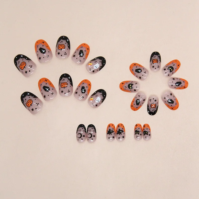 

24Pcs Short Oval Halloween Press-on Nails: Pumpkin Ghost Moon & Star Design for Party False Nail For Women Girl