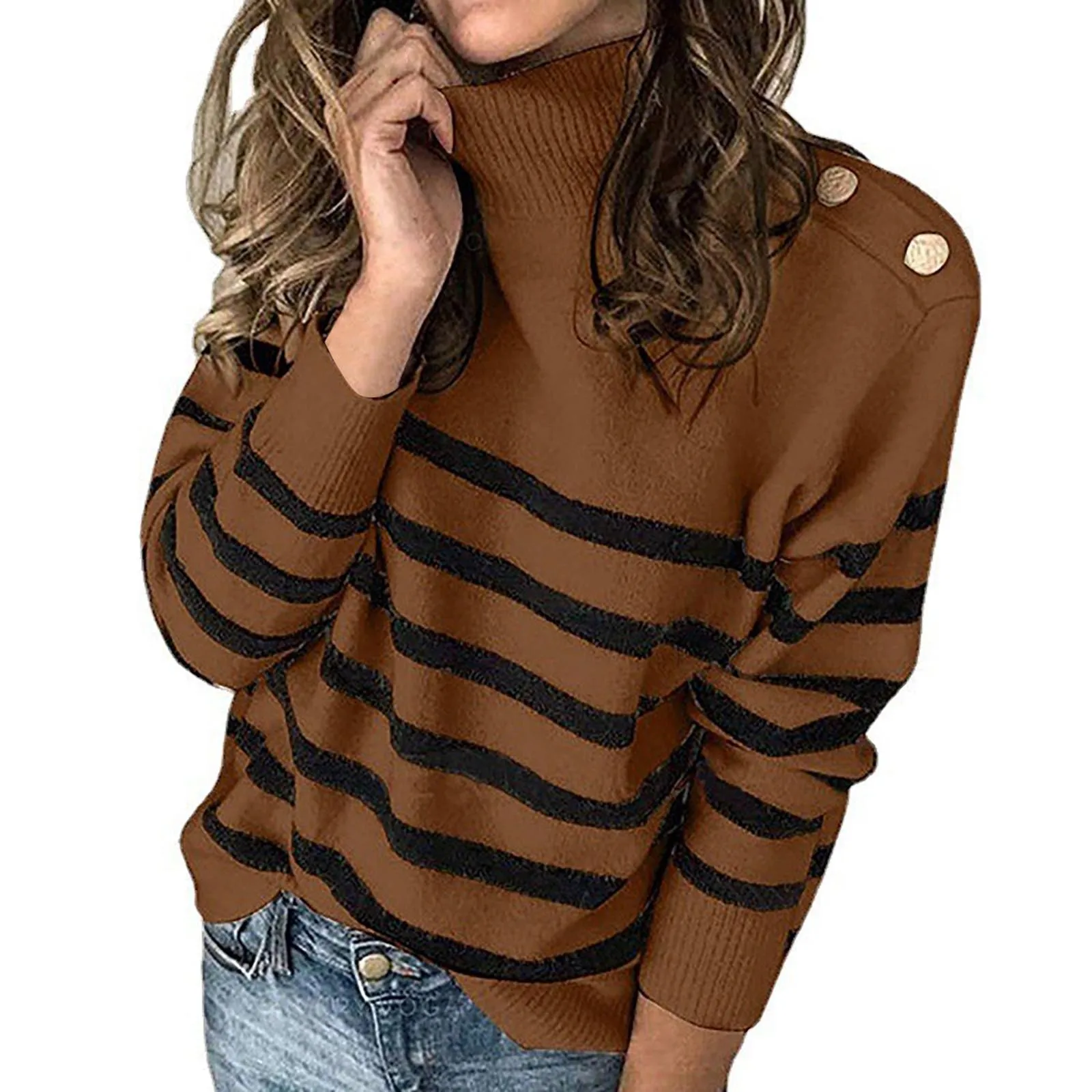 Women's Long Sleeved Sweater Striped Turtleneck Pullover