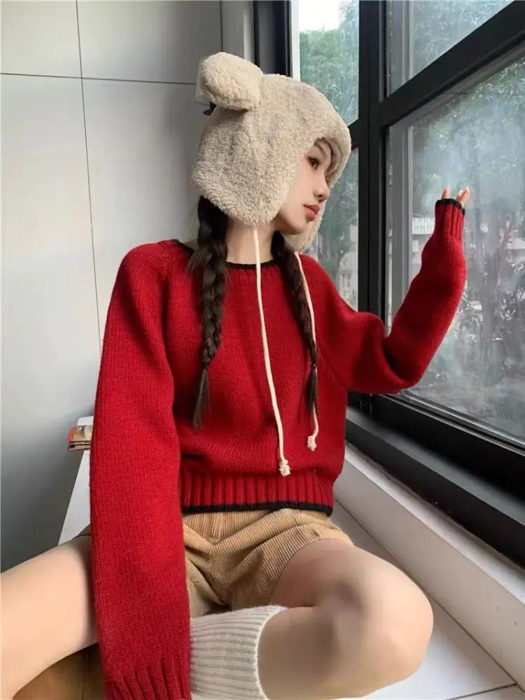 

Spring Winter Christmas 2023 Ladies Sweater Pullover Red Color O-neck Half-sleeved Knitted Cashmere Sweater Thin Casual Top B20