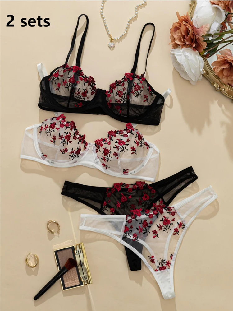 2 Sets Romantic Lingerie Floral Embroidery Women Underwear Transparent Bra Sets Ensemble Sexy Outfit Fantasty Underwear Intimate