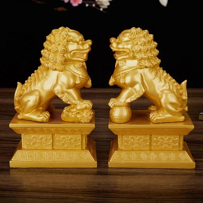 1pairs Chinese Style Lucky Lion Statue Resin Animals Statue Home Feng Shui Decor Crafts Home Office Retro  Decorative Statue