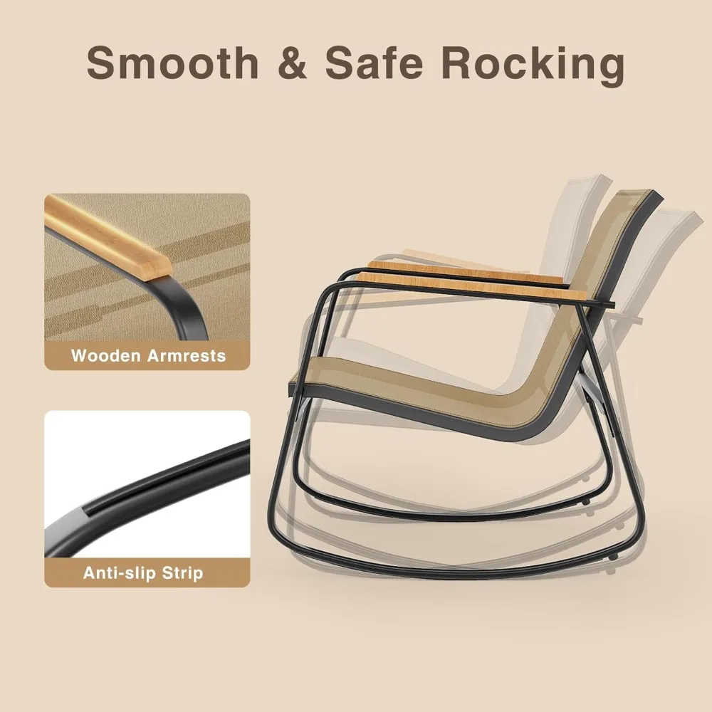 Outdoor Patio Rocking Chairs Set with Textilene Fabric, 3-Piece Bistro Furniture, Glass Table, Comfortable Seating for Relaxatio