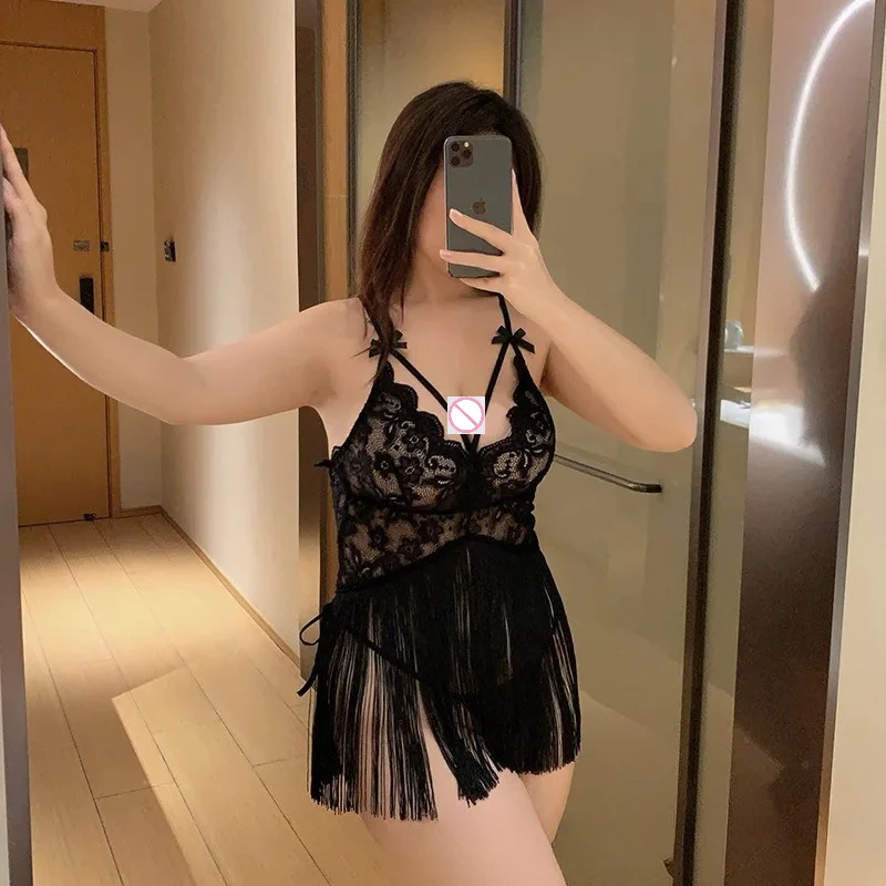 

3XL Plus Size Womens Lingerie Nightdress V Neck Lace Backless Mini Babydoll Sexy Mesh See Through Sleepwear Roleplay Pajama 18+