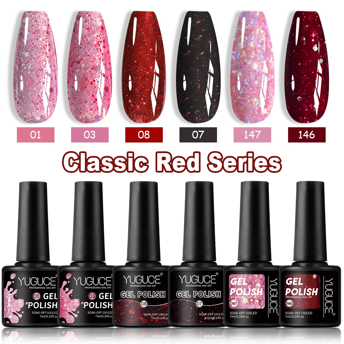 Yuguce 6-teiliges funkelndes Glitzer-Nagelgel-Set, satte Textur, formaldehydfrei, UV/LED-Härtung, rosa/rote Serie, perfektes Weihnachtsgeschenkbox-Set für Mädchen, Neujahrs-Nagelkunst