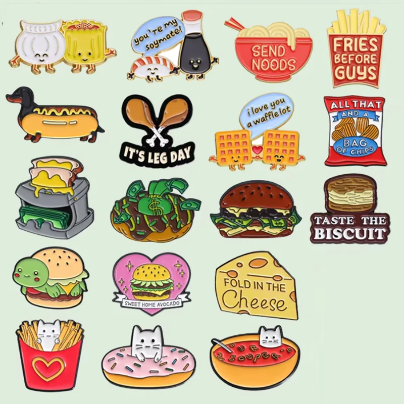 Cartoon Food Cute Enamel Pins Burger French Fries Donuts Brooches Lapel Badge Backpack Accessories Gift for Friends Wholesale