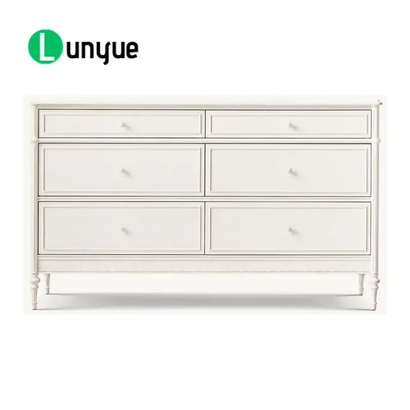 French Country White 6 Drawer Dresser Solid Wood Cabinet Vintage Corner Leg Storage Locker for Bedroom Living Room Home