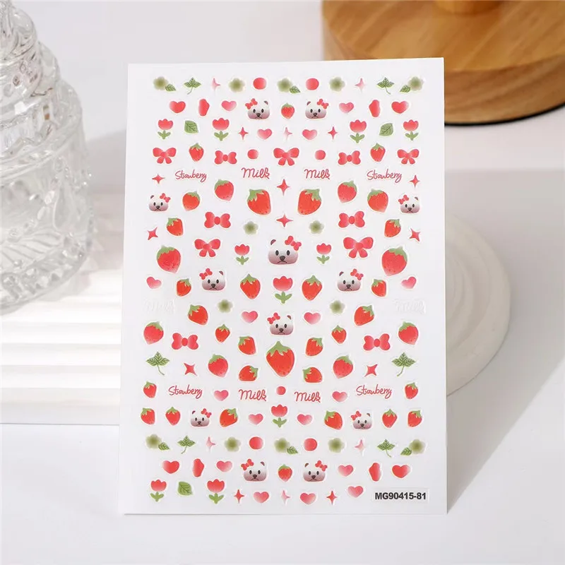 1Sheet Smile Waterproof Japanese Nail Sticker Smile Strawberry Flower Cartoon Adhesive Nail Decals Manicure