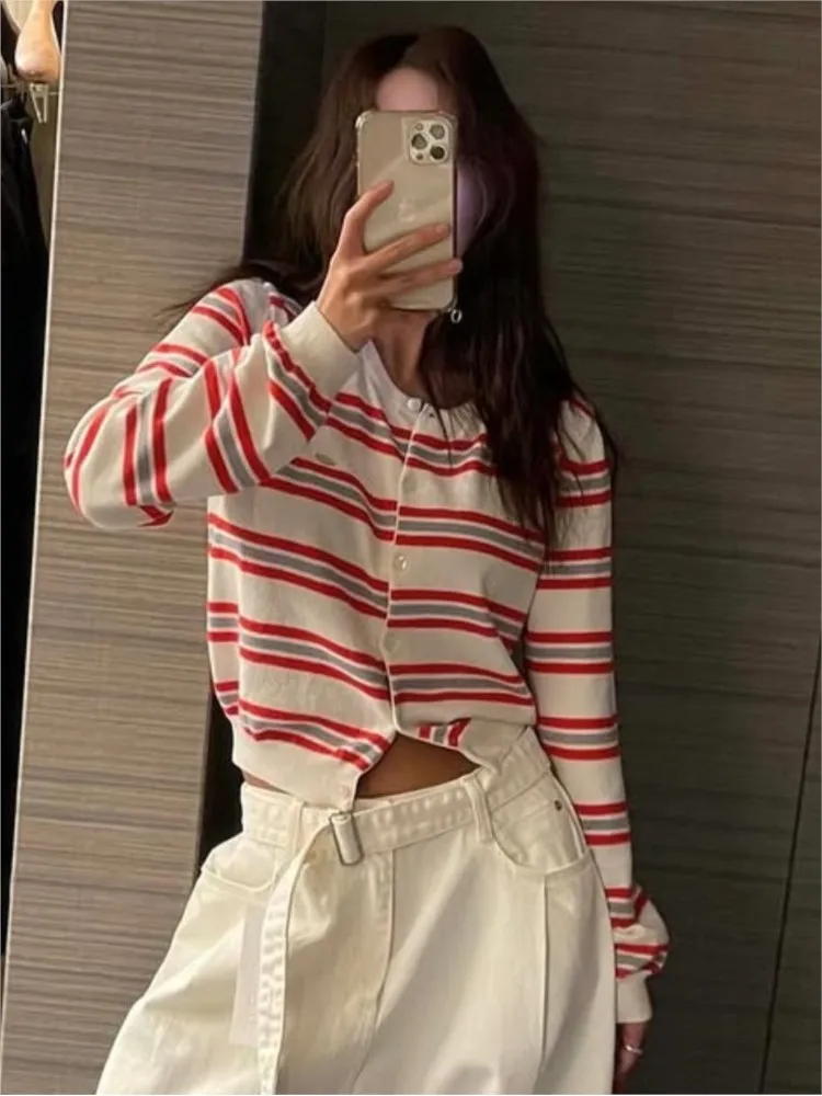 Classic Striped Knitted Cardigan Women's Autumn Round Neck Cotton Soft Design Button Sweater Vintage Sweet Preppy Style Sweaters view 4