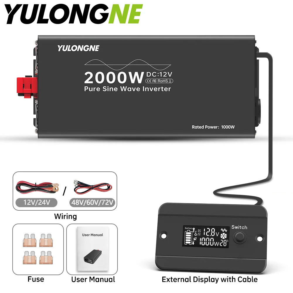 2000W Pure Sine Wave Inverter DC12V to 230V, External LCD Remote Display, Aluminum Shell Converter for RV Outdoor Backup Power