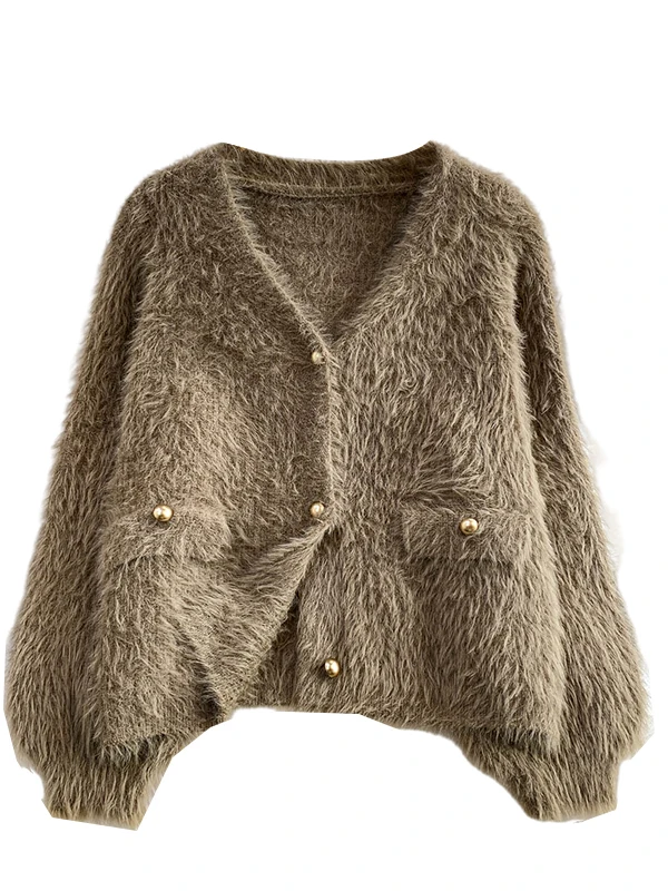 Branco Thiened Furry V-ne Casacos Feminino Outono Inverno Suave Pequena Fraança Sle Leve Luxo Metal Bule Sli...